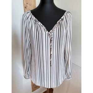 White House Black Market Blouse Womens 0 White & Black Tan Striped Tie Neck Top
